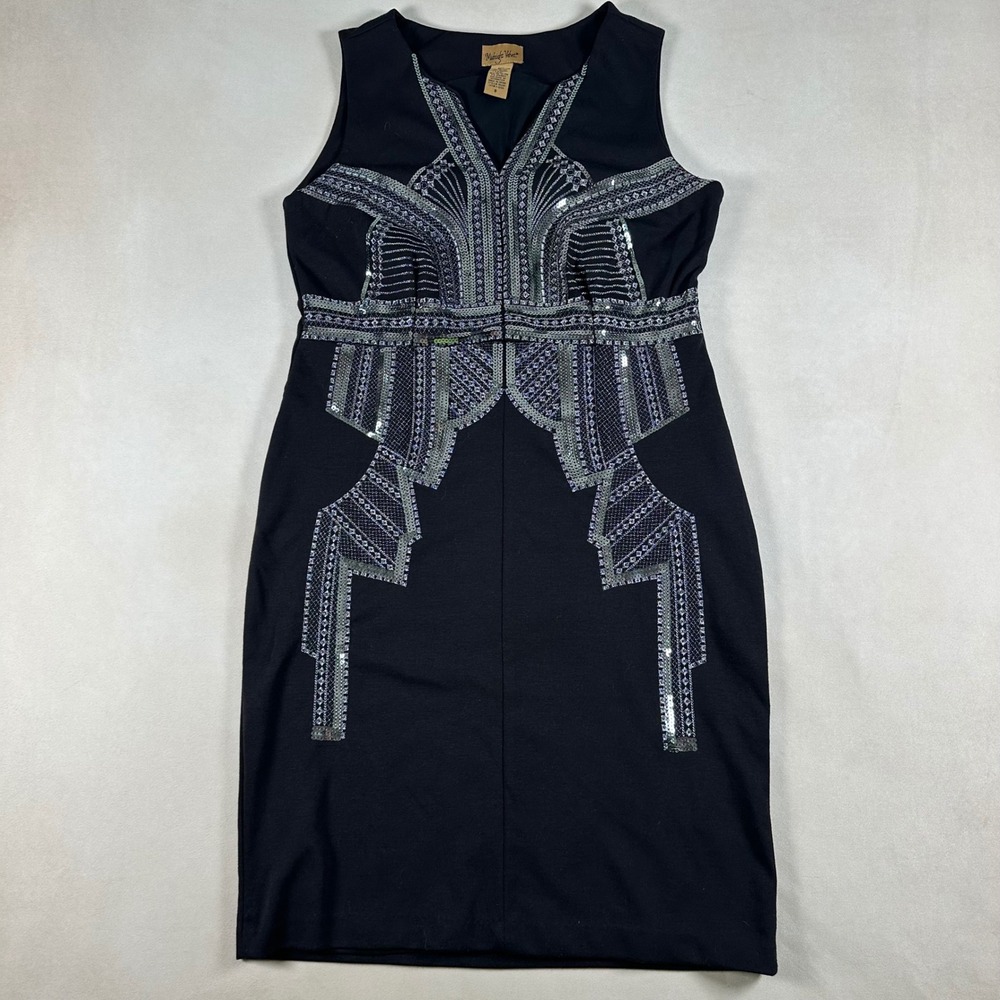 Midnight Velvet Sheath Dress Womens 8 Black Silver Sequin Art Deco V-Neck